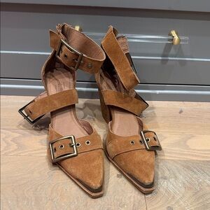 Free People - Jeffrey Campbell Tan Suede Heels with Buckle Straps